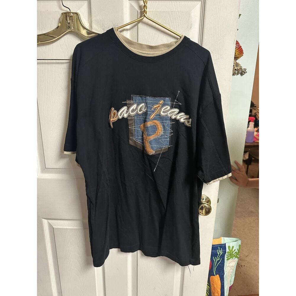 Vtg Paco Jeans T Shirt Size 2xl Black Embroidered Spellout Logo Crew Neck Cotton
